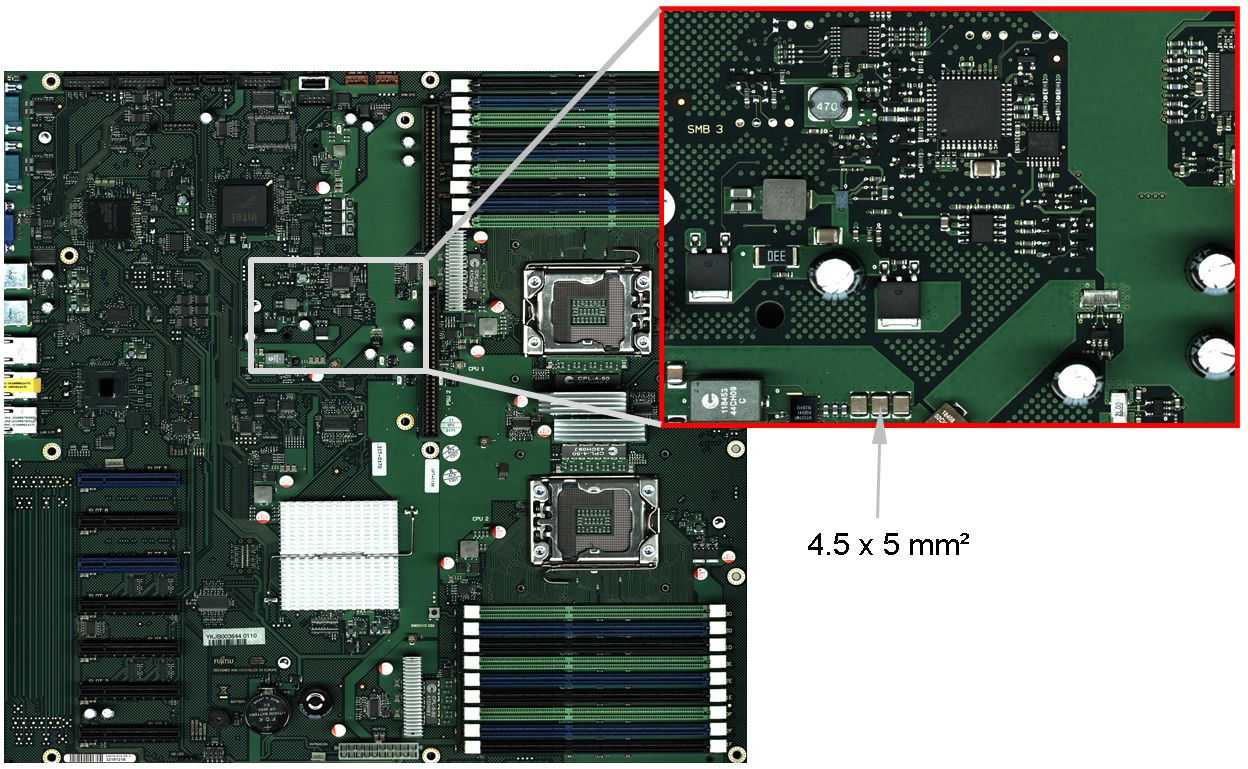 2D high-resolution colour images of PCBs gained with machine 5 (spatial resolution 50 µm; full PCB image with up to 100 Mpixel). Right: enlarged view of rectangle shown on the left. Arrow indicates exemplarily a surface mounted device (SMD) with the dimensions 4.5 x 5 mm2.