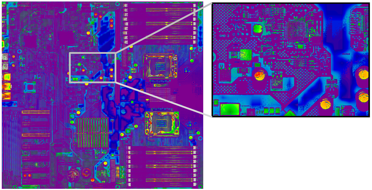 3D high-resolution image gained by laser light section method in machine 5; height at each position of PCB is displayed as false colour. Right: enlarged view of rectangle shown on the left.