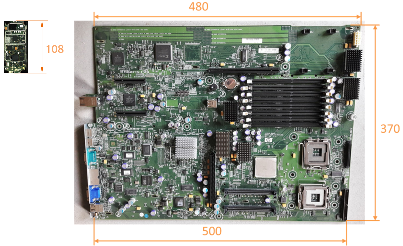 To scale images of printed circuit boards (PCB) processed in the ADIR demonstrator. Top, left: PCB from a mobile phone; right: PCB from a server. Typical dimensions are given in millimetres.