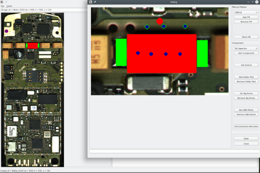 Screenshot of the user interface to teach electronic components and to define the component ist, which describes the set of electronic components, their positions, sizes and composition, to be desoldered in machine 4. The image on the left shows an example for the PCB of Nokia 3310. On the right the teaching of one component is exemplarily shown (red: body of electronic component, green: soldering pads, blue: measuring spots for laser spectroscopy).